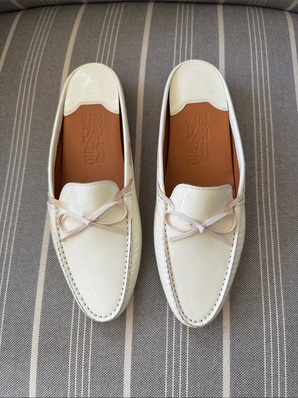Salvatore Ferragamo white patent Leather Bow-Accent Loafers